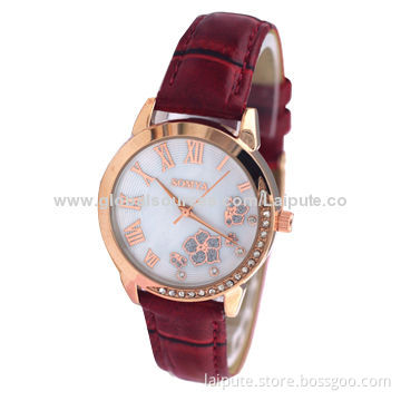 Flower Dial Fashionable Style Ladies' Watch with Leather Band and Alloy CaseNew